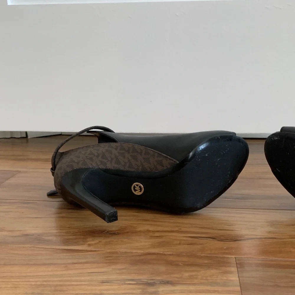 Michael Kors Black & Brown Peep-Toe Ankle Heels with Gold Buckle - Picture 6 of 7